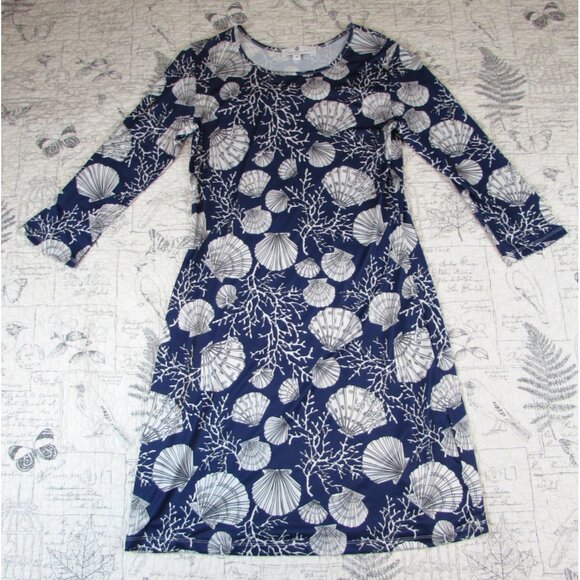 EUC $166 JEAN-PIERRE KLIFA Paris Smooth Stretch Blue shell Print midi Dress Sz S - Picture 5 of 9